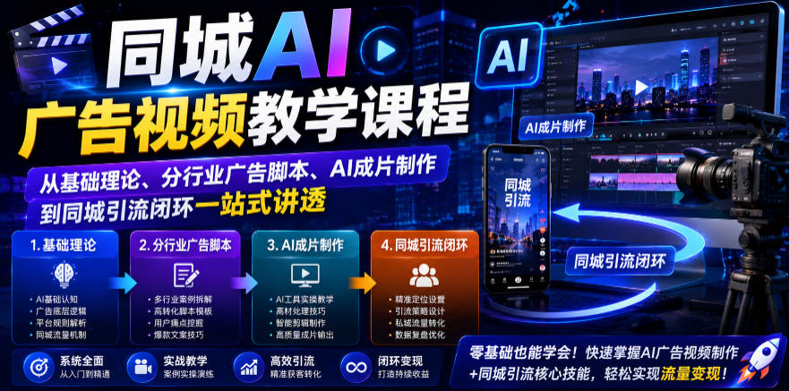 同城AI广告视频教学课程，从基础理论、分行业广告脚本、AI成片制作到同城引流闭环一站式讲透-优优云创网