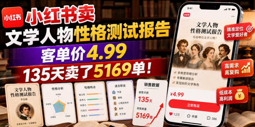 小红书卖文学人物性格测试报告，客单价4.99，135天卖了5169单！-优优云创网