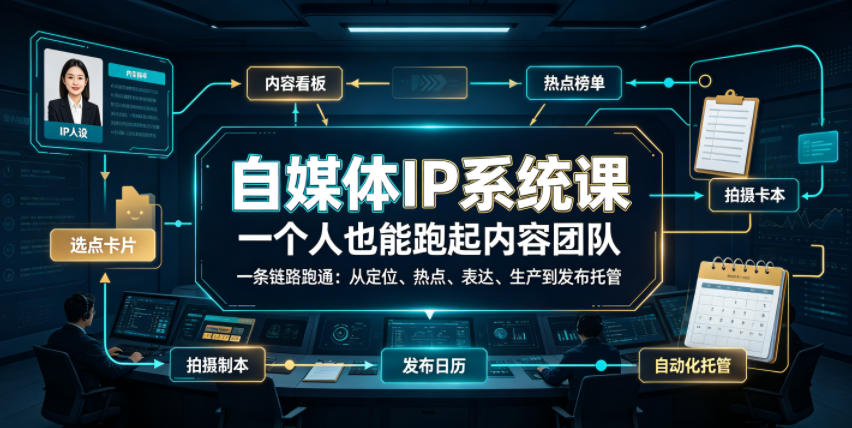 自媒体IP系统课，一个人也能跑起内容团队，一条链路跑通，从定位、热点、表达、生产到发布托管-优优云创网