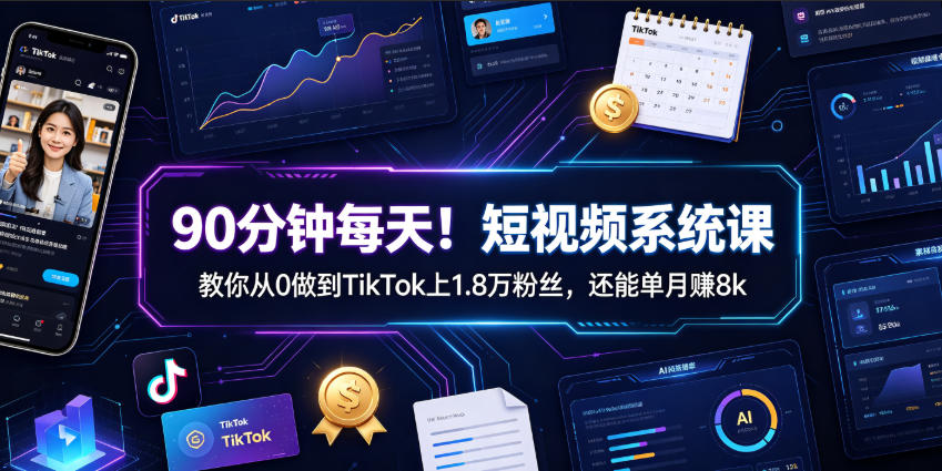 90分钟每天!短视频系统课教你从0做到TikTok上1.8万粉丝,还能单月賺8k【原创双语字幕】-优优云创网