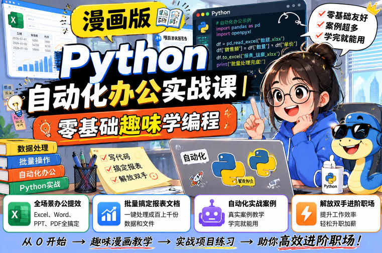 漫画版Python自动化办公实战课｜零基础趣味学编程，全场景办公提效、批量搞定报表文档、解放双手进阶职场-优优云创网