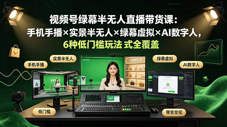 视频号绿幕半无人直播带货课:手机手播×实景半无人×绿幕虚拟×AI数字人,6种低门槛玩法全覆盖-优优云创网