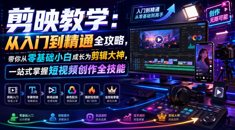 剪映教学：从入门到精通全攻略，带你从零基础小白成长为剪辑大神，一站式掌握短视频创作全技能-优优云创网