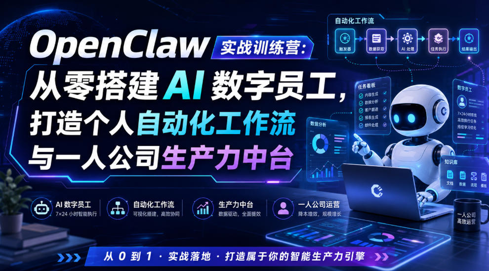 OpenClaw实战训练营:从零搭建AI数字员工,打造个人自动化工作流与一人公司生产力中台-优优云创网