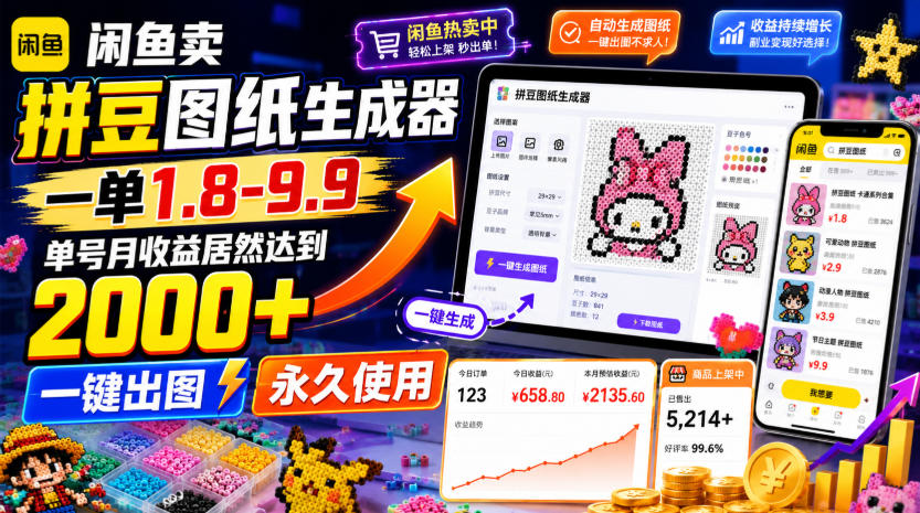 闲鱼卖拼豆图纸生成器，一单1.8-9.9，单号月收益居然达到2000+一键出图永久使用-优优云创网