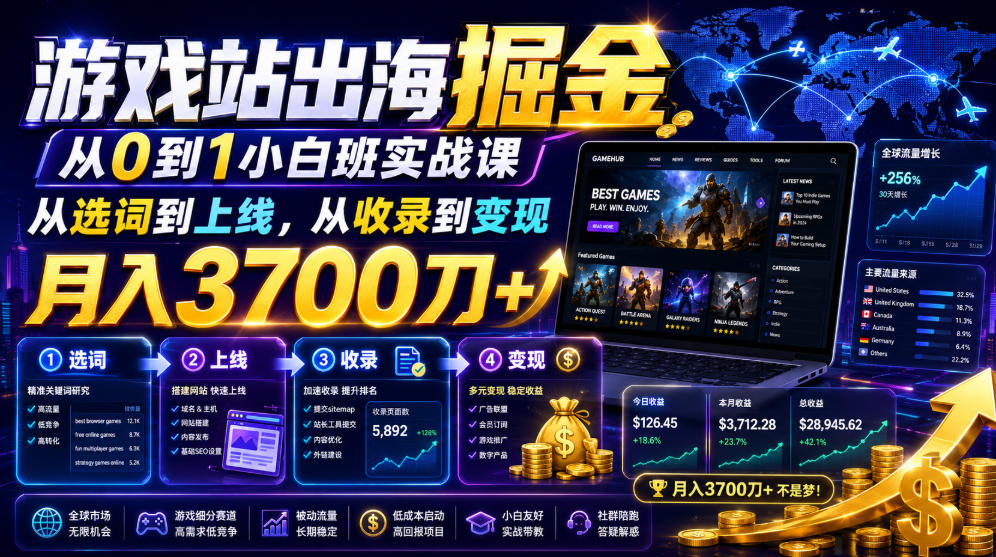 游戏站出海掘金从0到1小白实战课，从选词到上线，从收录到变现，月入3700刀+-优优云创网