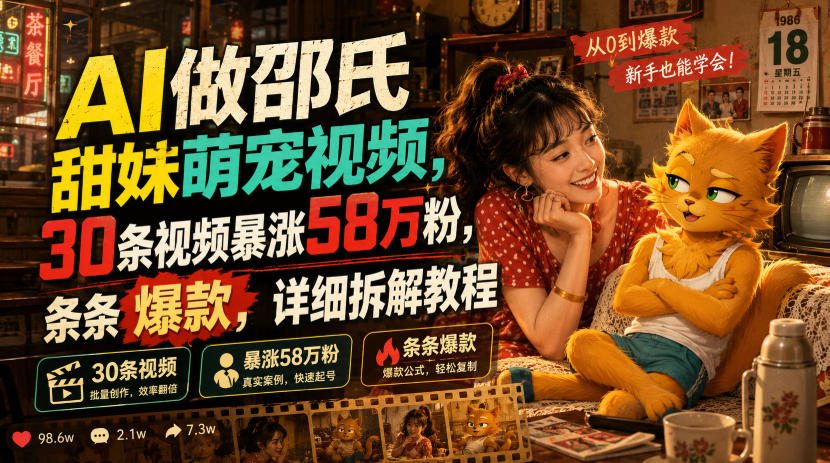 20260712123317927-85299da478c76ddf9f6a23f3c839e1a6 AI做邵氏甜妹萌宠视频,30条视频暴涨58万粉,条条爆款,详细拆解教程