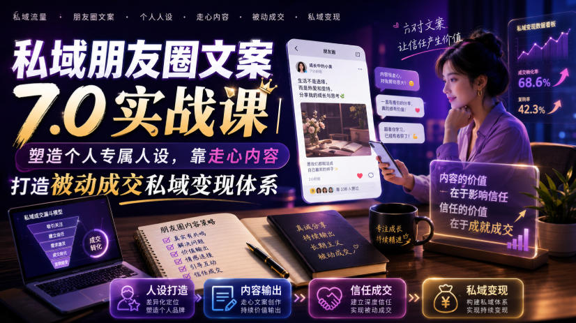 私域朋友圈文案7.0实战课｜塑造个人专属人设，靠走心内容打造被动成交私域变现体系-优优云创网