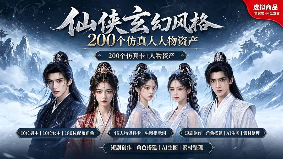 200个仙侠玄幻仿真人素材◆10男主×10女主×180配角，4K资料卡+AI生图提示词，漫剧必备-优优云创网