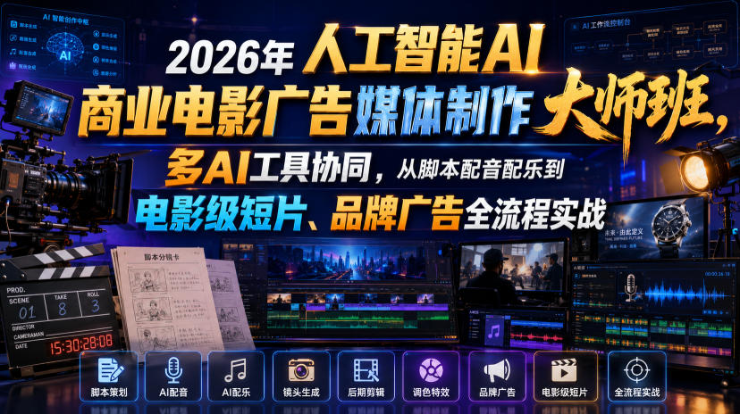 20260712141831813-330505f5dfa8f71a821c1ff6a70f204a 2026年人工智能AI商业电影广告媒体制作大师班,多AI工具协同,从脚本配音配乐到电影级短片、品牌广告全流程实战(中英字幕)