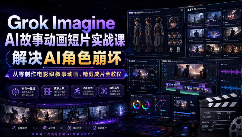Grok Imagine AI故事动画短片实战课｜解决AI角色崩坏，从零制作电影级叙事动画、精剪成片全教程(中英字幕)-优优云创网