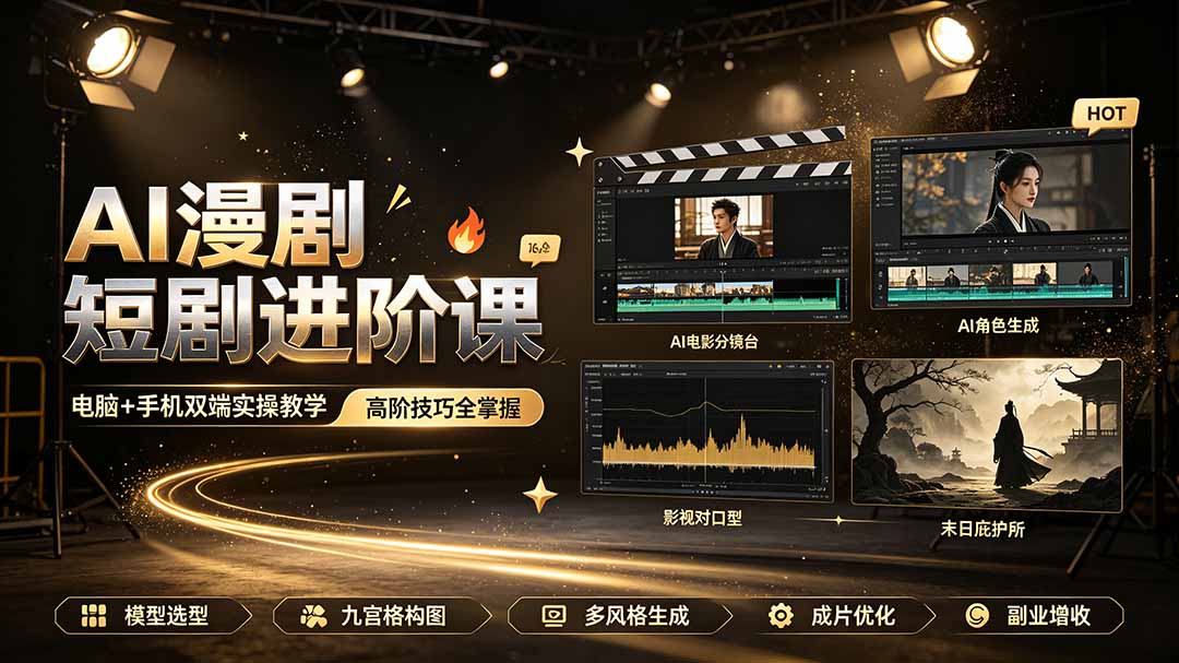 AI漫剧短剧进阶课｜电脑+手机双端实操教学｜影视剧对口型人物吃瓜×解压末日庇护所全程讲解，高阶技巧全掌握-优优云创网