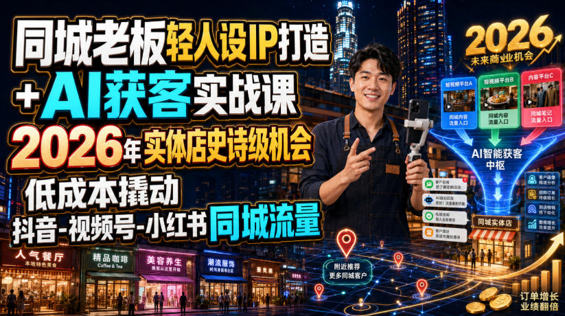 同城老板轻人设IP打造+AI获客实战课，2026年实体店史诗级机会，低成本撬动抖音-视频号-小红书同城流量-优优云创网