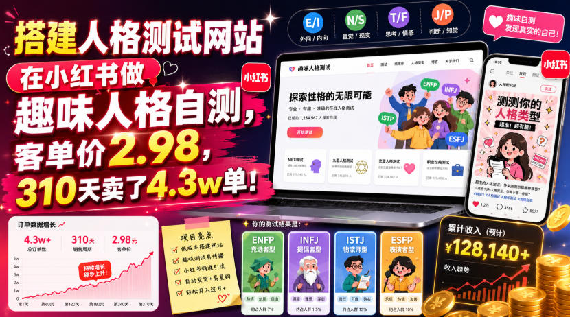 搭建人格测试网站在小红书做趣味人格自测，客单价2.98，310天卖了4.3w单！-优优云创网