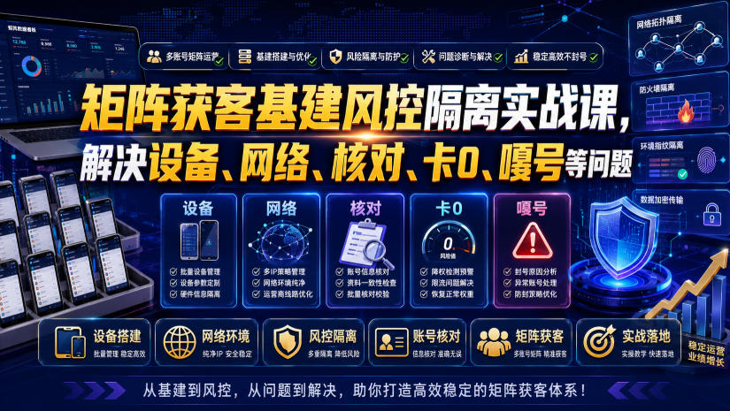 矩阵获客基建风控隔离实战课，解决设备、网络、核对、卡0、嘎号等问题-优优云创网