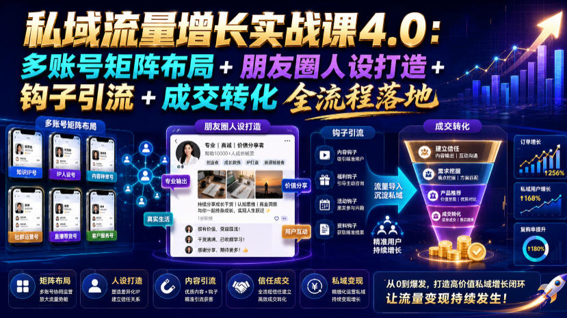私域流量增长实战课4.0：多账号矩阵布局+朋友圈人设打造+钩子引流+成交转化全流程落地-优优云创网