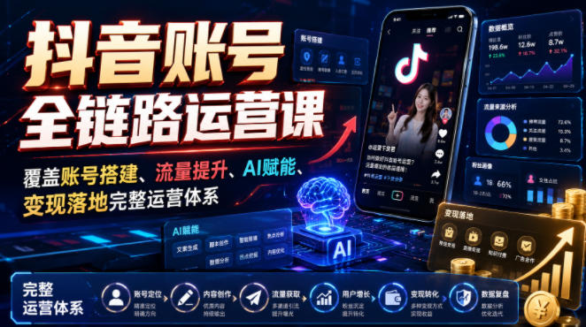 抖音账号全链路运营课，覆盖账号搭建、流量提升、AI赋能、变现落地完整运营体系-优优云创网