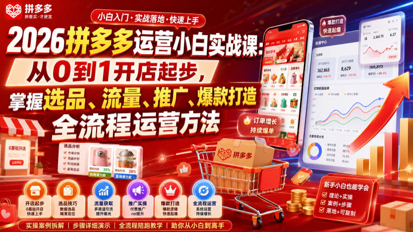 2026拼多多运营小白实战课：从0到1开店起步，掌握选品、流量、推广、爆款打造全流程运营方法-优优云创网