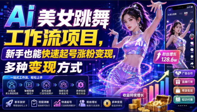 Ai美女跳舞工作流项目,新手也能快速起号涨粉变现,多种变现方式-优优云创网