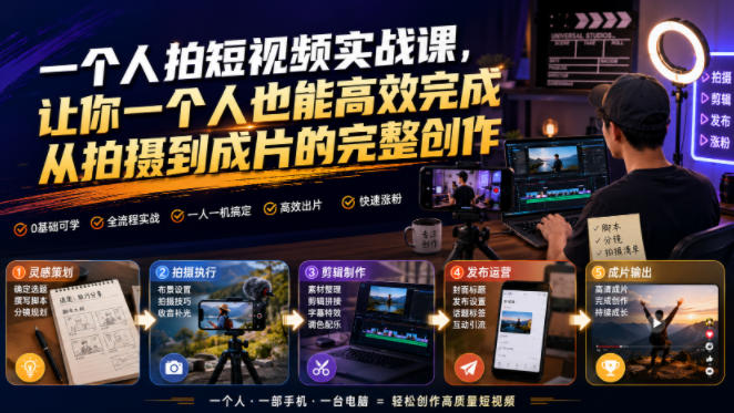 一个人拍短视频实战课，让你一个人也能高效完成从拍摄到成片的完整创作-优优云创网
