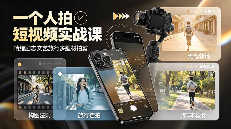 一个人拍短视频实战课：情绪励志文艺旅行多题材×五大景别×黄金构图×八大运镜，从拍摄到成片高效创作-优优云创网