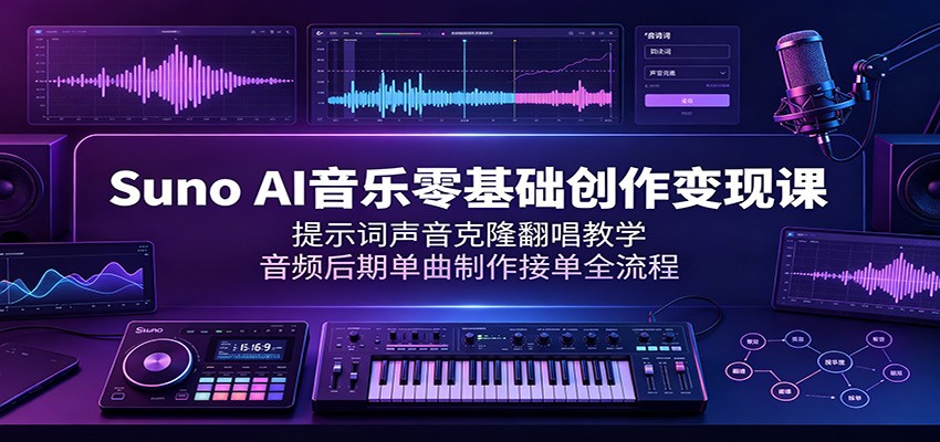 Suno AI音乐零基础创作变现课：提示词声音克隆翻唱教学，音频后期单曲制作接单全流程-优优云创网
