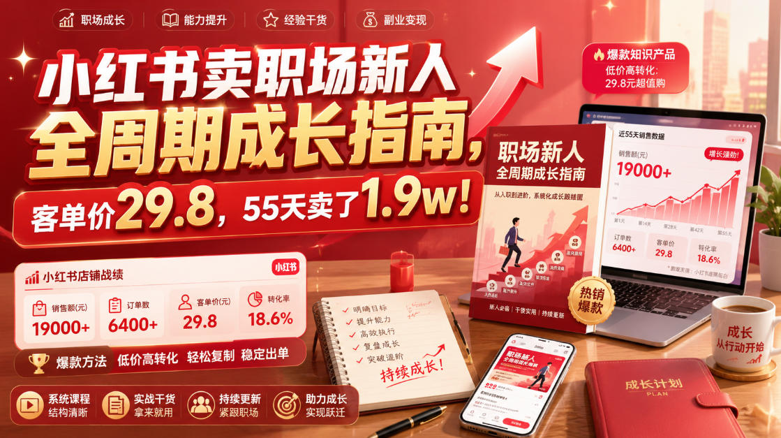 小红书卖职场新人全周期成长指南,客单价29.8,55天卖了1.9w!-优优云创网