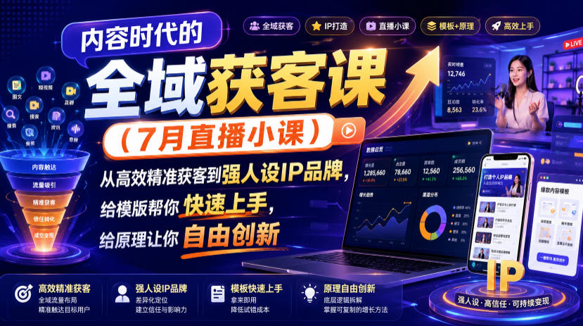 内容时代的全域获客课(7月直播小课)，从高效精准获客到强人设IP品牌，给模版帮你快速上手，给原理让你自由创新-优优云创网