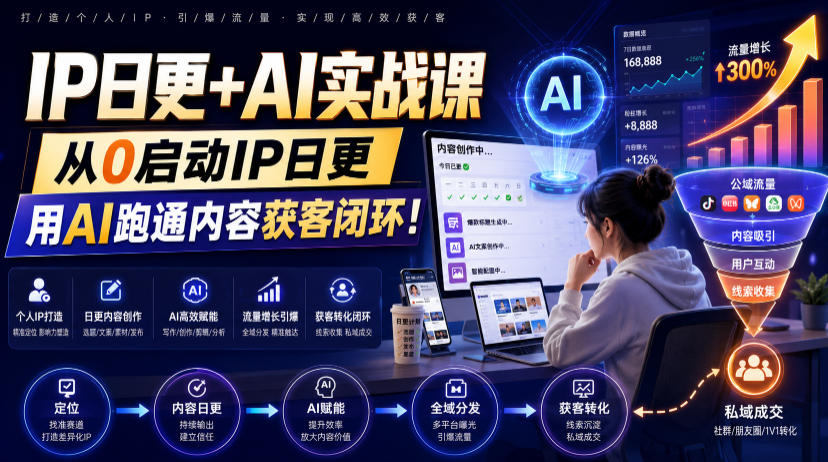 IP日更+AI实战课，从0启动IP日更，IP置顶视频制作+100条选题库搭建+10条日更规划，用AI跑通内容获客闭环!-优优云创网
