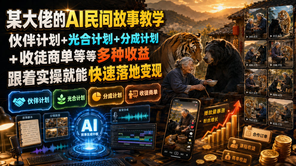 某大佬的AI民间故事教学，伙伴计划+光合计划+分成计划+收徒商单等多种收益，跟着实操就能快速落地变现-优优云创网