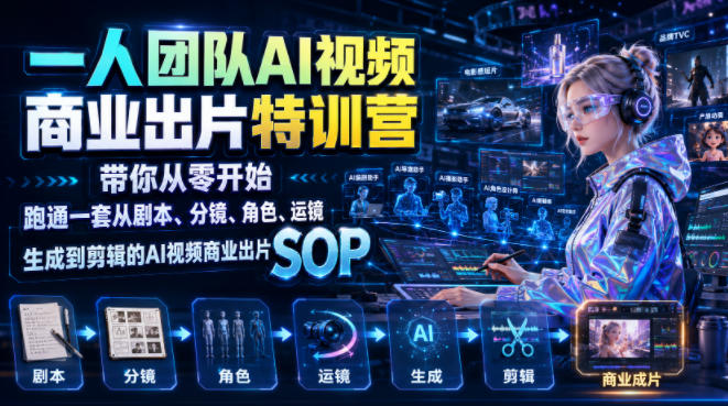 一人团队AI视频商业出片实战课：带你从零开始跑通一套从剧本、分镜、角色、运镜、生成到剪辑的AI视频商业出片SOP-优优云创网