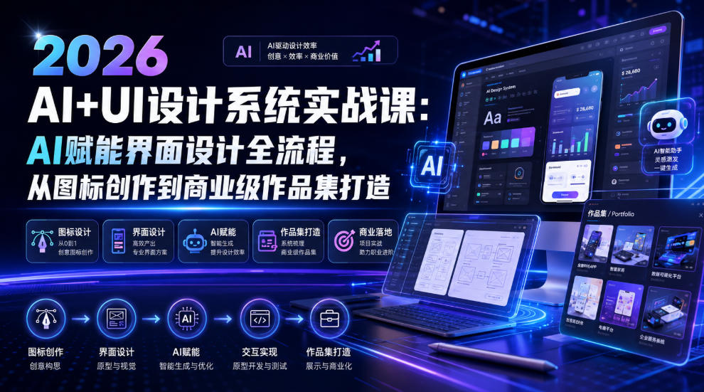 2026 AI+UI设计系统实战课：AI赋能界面设计全流程，从图标创作到商业级作品集打造-优优云创网