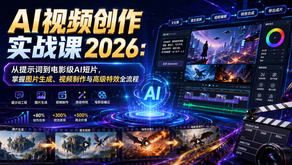 AI视频创作实战课2026：从提示词到电影级AI短片，掌握图片生成、视频制作与高级特效全流程-优优云创网