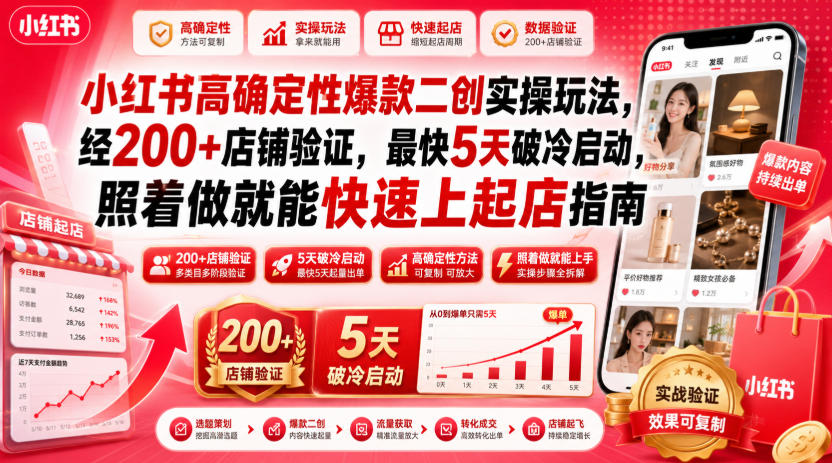 小红书高确定性爆款二创实操玩法，经200+店铺验证，最快5天破冷启动，照着做就能快速上起店指南-优优云创网