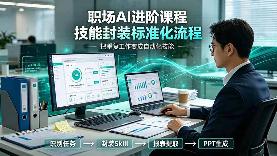 职场AI进阶课程;多类实用Skill工具实操,专属技能封装标准化流程,报表行业报告一键提取核心内容-优优云创网