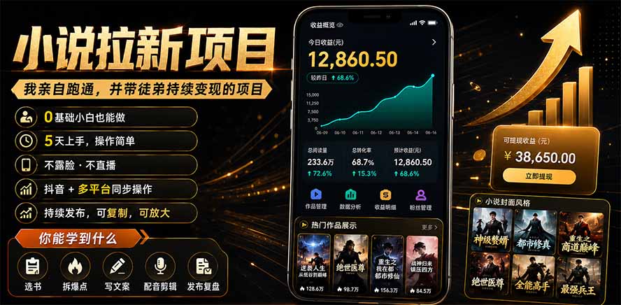 抖音及多平台小说拉新项目：我亲自跑通并持续带徒弟实操｜0基础小白5天上手快速变现-优优云创网