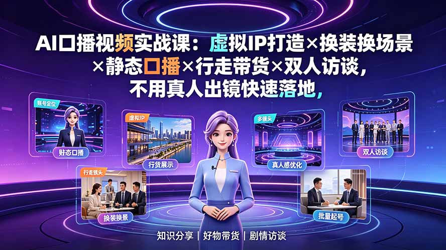 AI口播视频实战课：虚拟IP打造×换装换场景×静态口播×行走带货×双人访谈，不用真人出镜快速落地-优优云创网