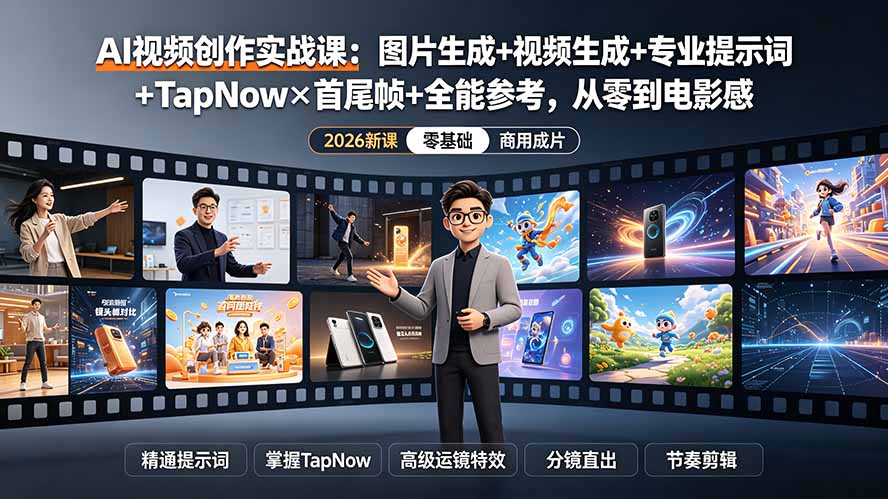 AI视频创作实战课：图片生成+视频生成+专业提示词+TapNow×首尾帧+全能参考，从零到电影感成片-优优云创网