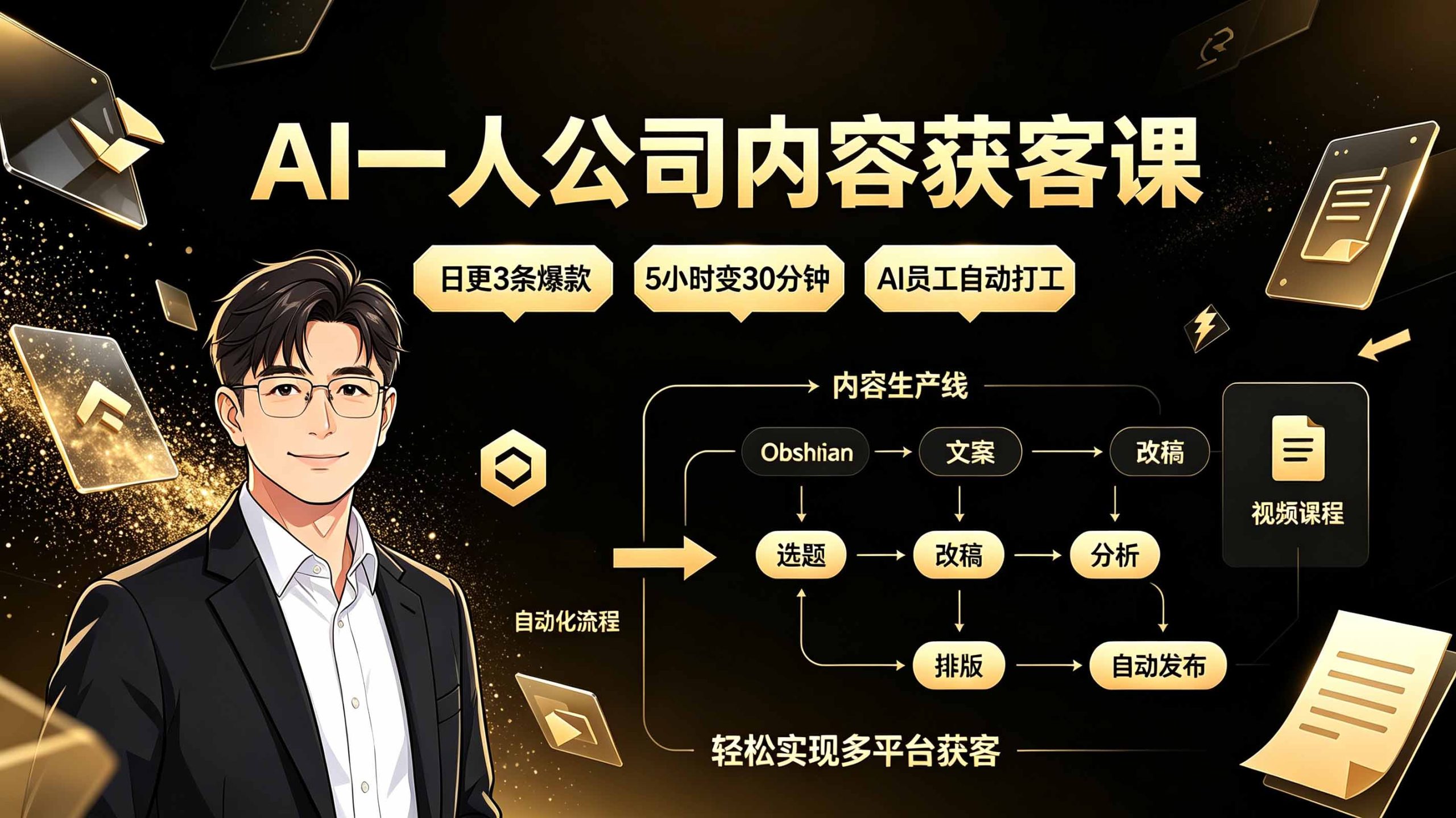 AI一人公司内容获客课：日更3条爆款×5小时变30分钟×AI员工自动打工，轻松实现多平台获客-优优云创网