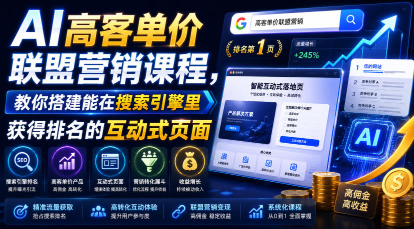 AI高客单价联盟营销课程，教你搭建能在搜索引擎里获得排名的互动式页面，引来流量，把访客转化为高佣金的成交【原创双语字幕】-优优云创网