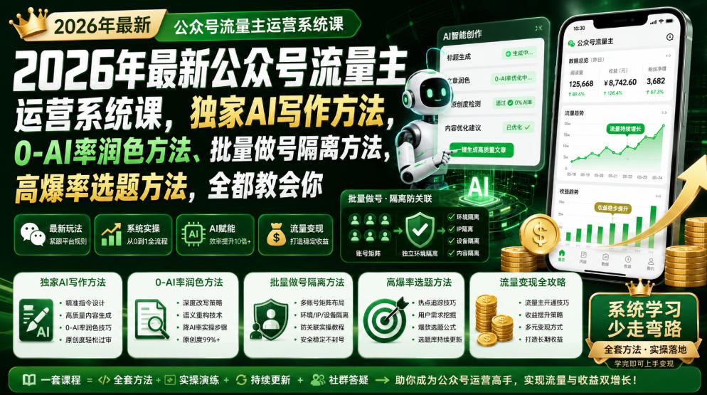 2026年最新公众号流量主运营系统课,独家AI写作方法,0-AI率润色方法、批量做号隔离方法、高爆率选题方法,全都教会你-优优云创网