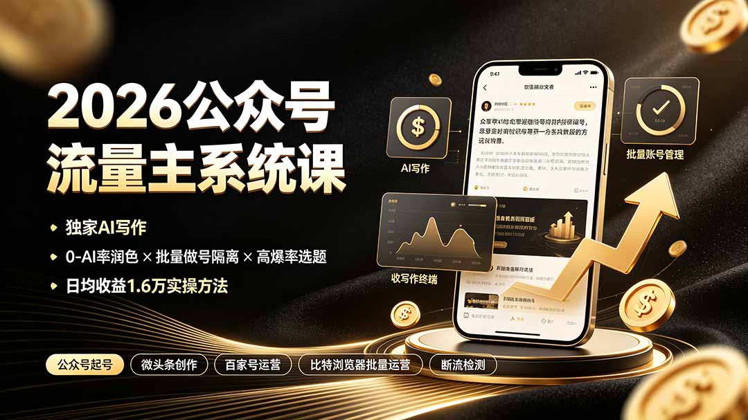 2026公众号流量主系统课:独家AI写作×0-AI率润色×批量做号隔离×高爆率选题,日均收益1.6万实操方法-优优云创网