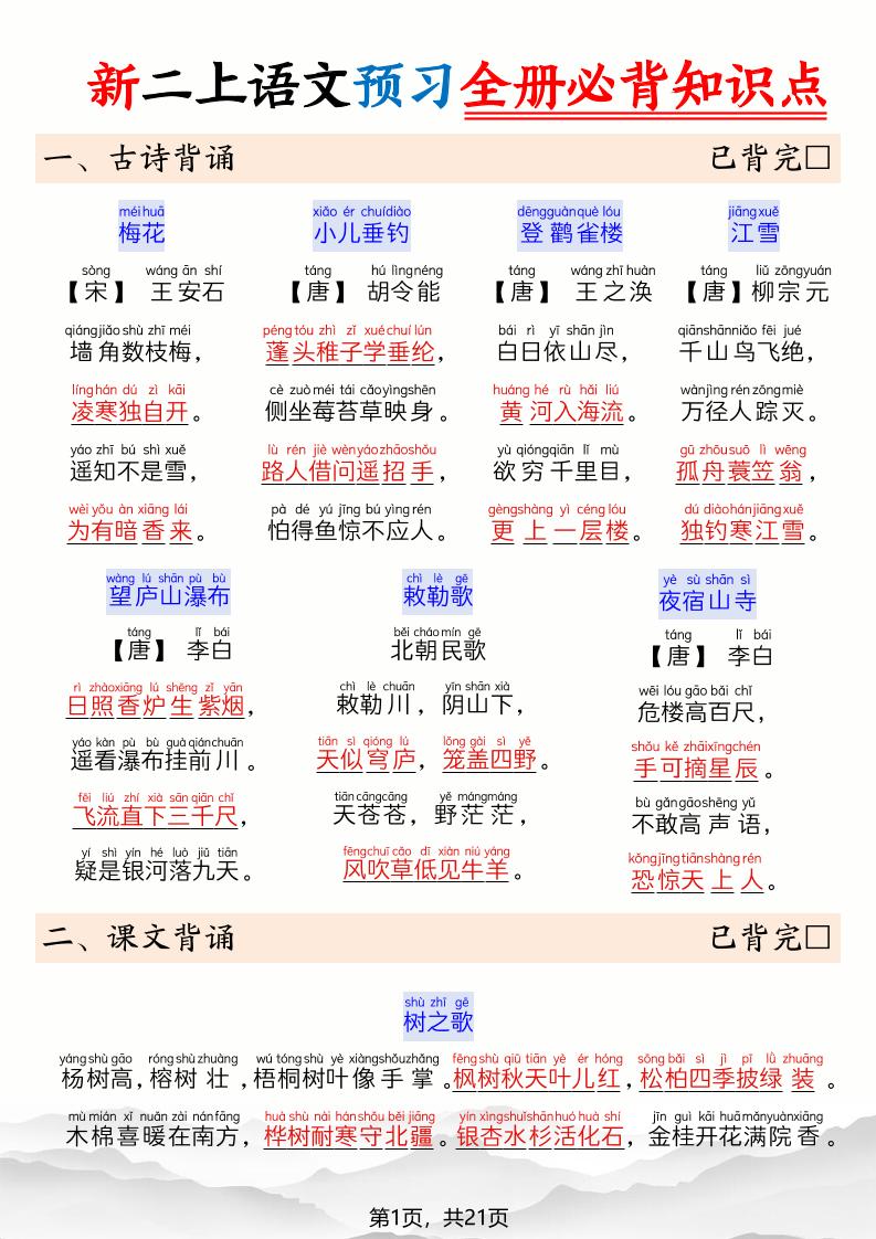 26新二上语文暑假预习全册必背知识点21页-优优云创网