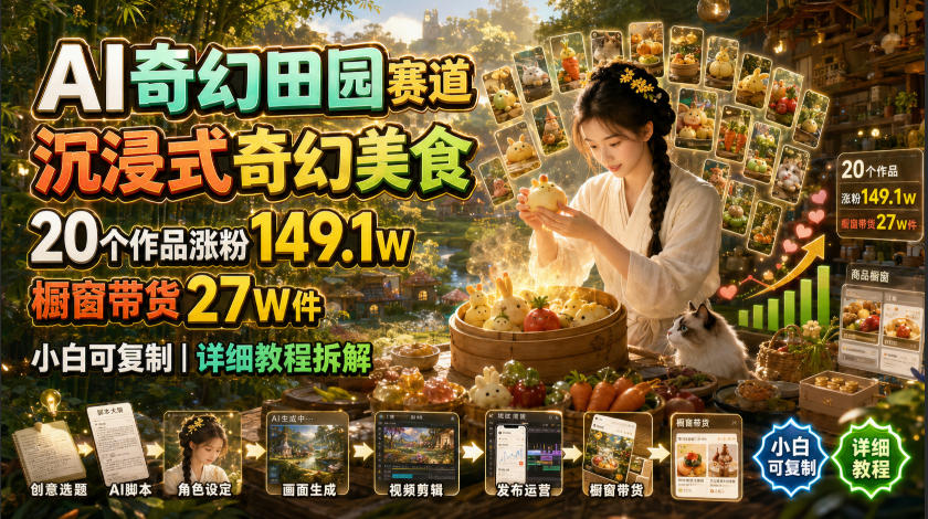 AI奇幻田园赛道,沉浸式奇幻美食,20个作品涨粉149.1W,橱窗带货27W件,小白可复制,详细教程拆解-优优云创网