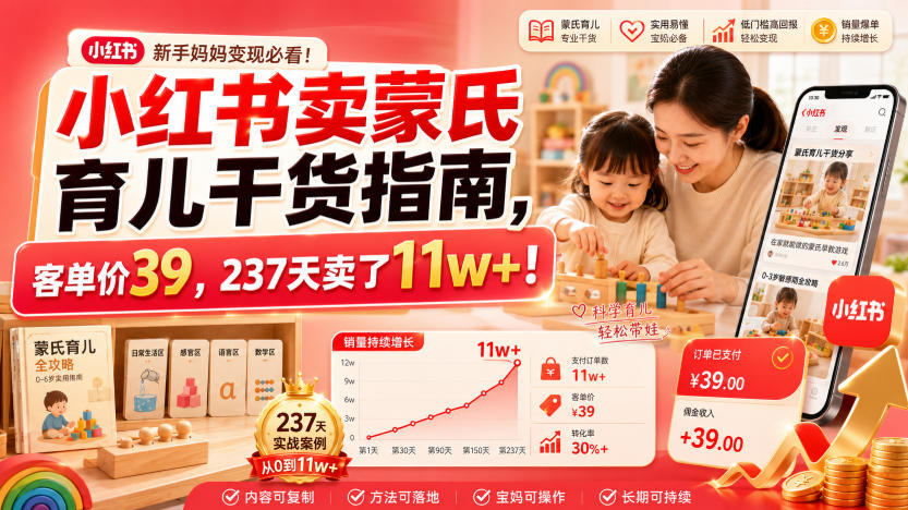 小红书卖蒙氏育儿干货指南,客单价39,237天卖了11w+!-优优云创网