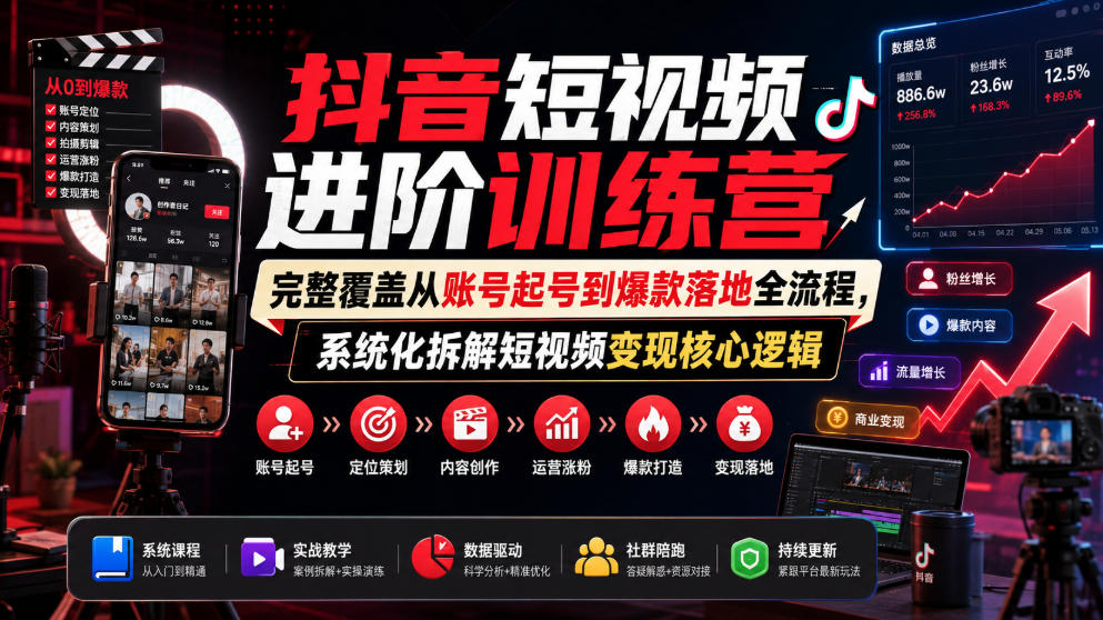 抖音短视频进阶训练营，完整覆盖从账号起号到爆款落地全流程，系统化拆解短视频变现核心逻辑-优优云创网