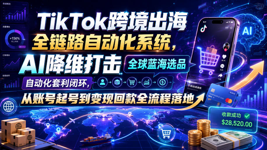 20260719082946262-a3bc50d44a4f20dd701a107383ccf158 TikTok跨境出海全链路自动化系统,AI降维打击全球蓝海选品自动化套利闭环,从账号起号到变现回款全流程落地(2026年7月)