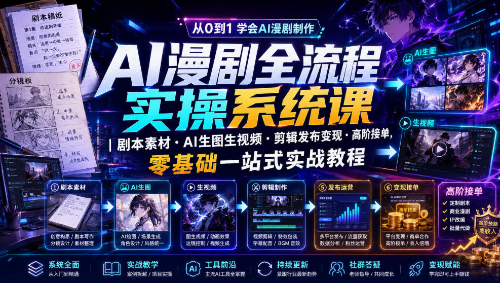 20260719101927393-f32db7ed6d6ec5f72cab90d36d8d7500 AI漫剧全流程实操系统课|剧本素材・AI生图生视频・剪辑发布变现・高阶接单,零基础一站式实战教程