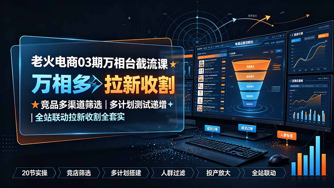 老火电商03期万相台截流课:竞品多渠道筛选|多计划测试递增|全站联动拉新收割全套实操教学-优优云创网