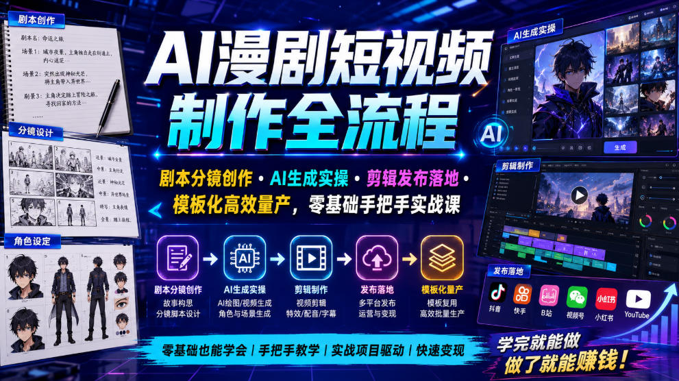 AI漫剧短视频制作全流程|剧本分镜创作・AI生成实操・剪辑发布落地・模板化高效量产,零基础手把手实战课-优优云创网